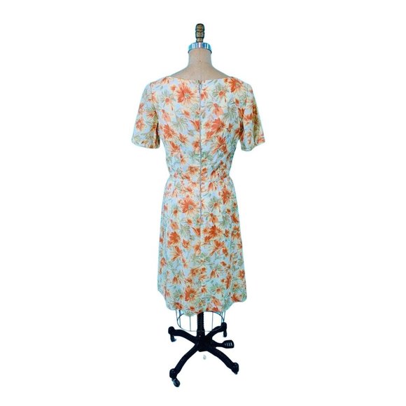 Vintage 1960s Sheath Dress Orange Floral Mid Century Pin Up | W 29" - Picture 9 of 10